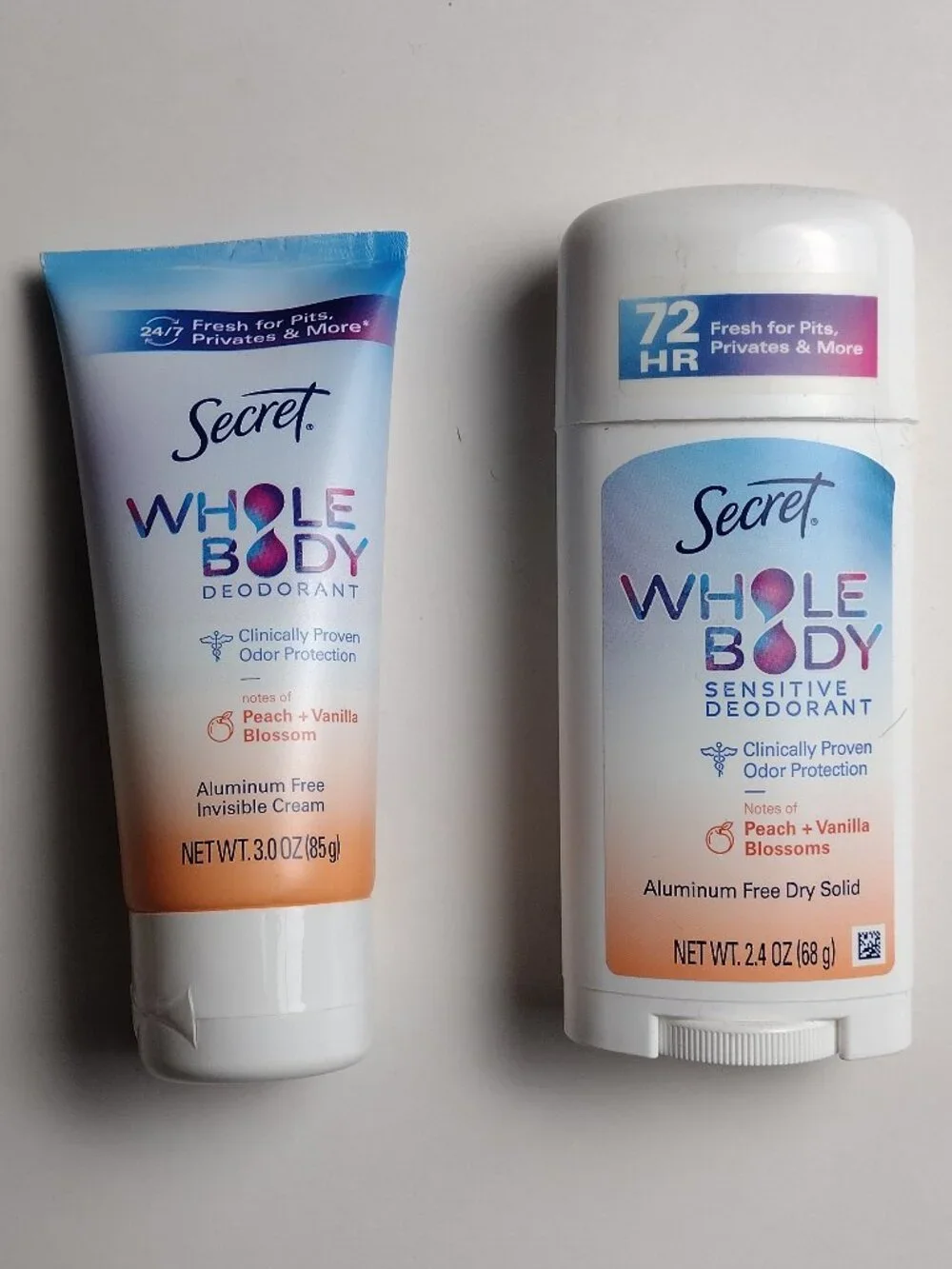 Secret Whole Body Deodorant 2 Pack Lot Peach & Vanilla Blossom Dry Solid + Cream